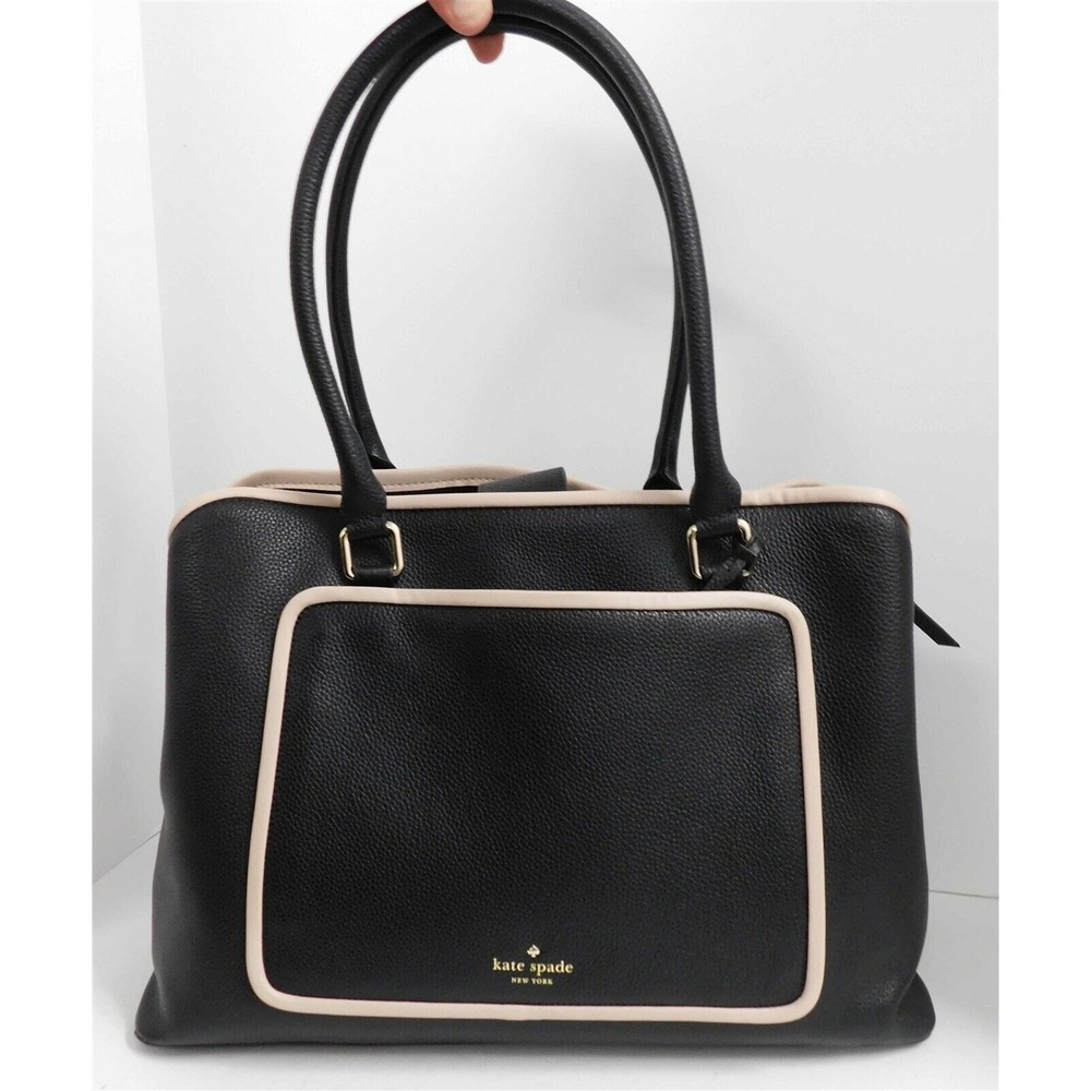Kate Spade‎ Black Leather Beige Leather Piping Tote Shoulder Laptop Bag